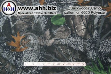 Backwoods camo pattern simulates mossy covered oak forrest in fall hunting season, detailed printed to closely simulate forrest environment