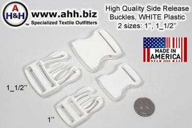High Quality Side Release Buckles, WHITE Plastic in 2 sizes