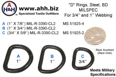 D-Rings, Steel, Black Drab, Mil-Spec MIL-R-3390-CL2 MS51925-2