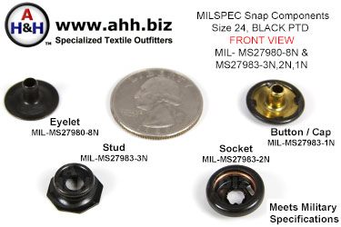 5/8 inch Snap Components (size 24 Standard) Blackened Brass, Pull The Dot type (PTD) Mil-Spec MIL-MS27983-3N, 2N, 1N and MIL-MS27980-8N
