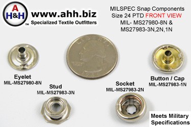 5/8 inch Snap Components (size 24 Standard) Nickel Plated Brass, Pull The Dot type (PTD) Mil-Spec MIL-MS27983-3N, 2N, 1N and MIL-MS27980-8N