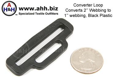 Converter Loop, converts 2″ webbing to 1″ webbing, Black Plastic