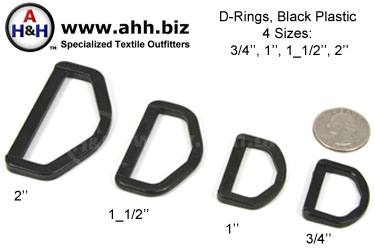 Regular D-Rings, High Strength Black Plastic, 4 sizes 3/4″, 1″, 1_1/2″, 2″