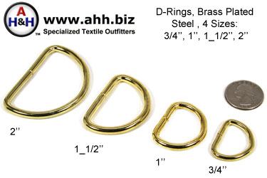 Brass Plated Steel D-Rings, 4 sizes 3/4 inch, 1 inch, 1 1/2 inch, 2 inch