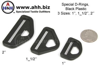 Special D-Rings, High Strength Black Plastic, in three sizes 1 inch (25mm), 1 1/2 inch (38mm), 2 inch (50mm)
