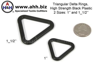 Triangular Delta Rings, High Strength Black Plastic, two sizes 1 inch (25mm), 1 1/2 inch (38mm)