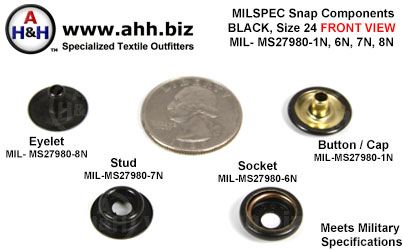 5/8 inch Snap Components (size 24 Standard) Blackened Brass, Mil-Spec MIL-MS27980-1N, 6N, 7N, 8N
