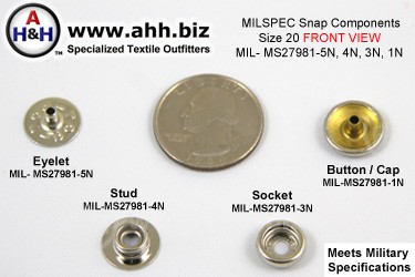 1/2 inch Snap Components (Size 20 mini) Nickel Plated Brass, Mil-Spec MIL-MS27981-1N, 3N, 4N, 5N