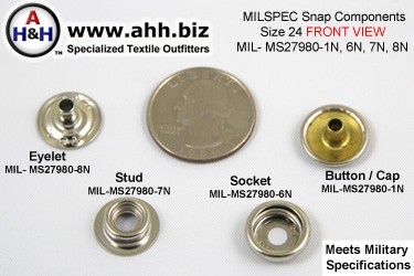 5/8 inch Snap Components (size 24 Standard) Nickel Plated Brass, Mil-Spec MIL-MS27980-1N, 6N, 7N, 8N