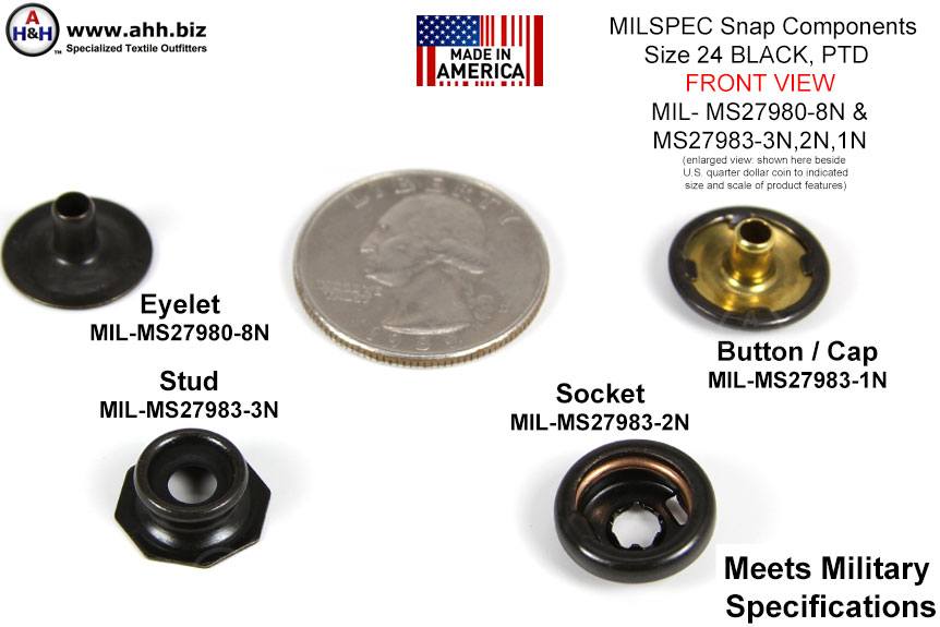 5/8 inch Snap Components (size 24 Standard) Blackened Brass, Pull The Dot  type (PTD) Mil-Spec MIL-MS27983-3N, 2N, 1N and MIL-MS27980-8N