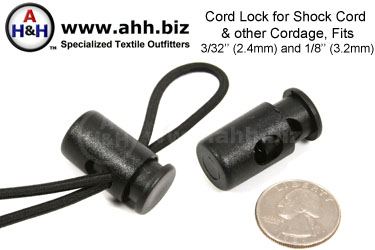 Cord Lock for Shock Cord, black plastic