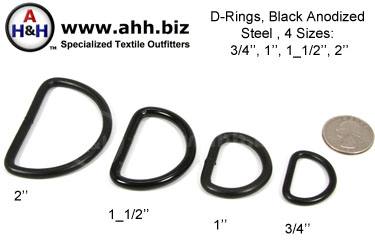 Blackened (Black Anodized) Regular Shaped Steel D-Rings, 4 sizes 3/4 inch, 1 inch, 1 1/2 inch, 2 inch