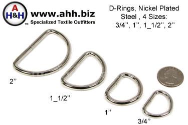 Nickel Plated Steel D-Rings, 4 sizes 3/4 inch, 1 inch, 1 1/2 inch, 2 inch
