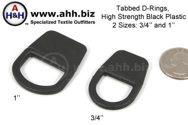 Tabbed D-Rings, High Strength Black Plastic, two sizes 3/4 inch (19mm), 1 inch (25mm)
