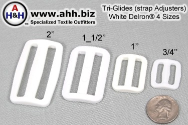 Tri-Glide (strap Adjusters), White Plastic in four sizes 3/4 inch (20mm), 1 inch (25mm), 1 1/2 inch (38mm), 2 inch (50mm)