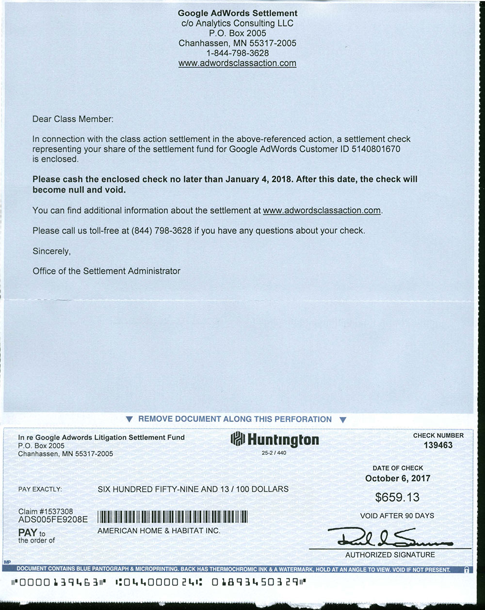 Google Class Action Lawsuit Settlement Check for $659.13 that represents a fraction of the money that was stolen from our company by Google's pay-per-click fraud