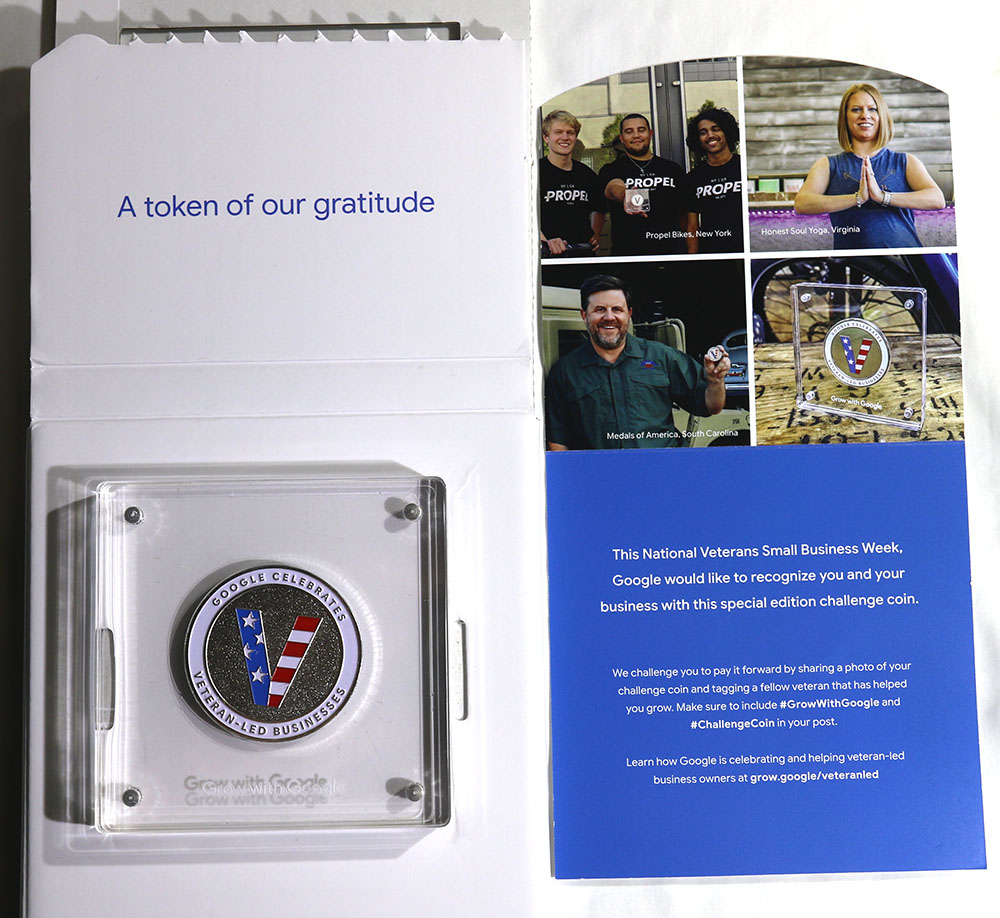 Google is celebrating and helping veteran-led businesses by sending them a trinket; a Military Style Challenge Coin with the Google Logo on the back