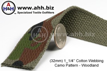 1 1/4 inch Cotton Webbing Woodland Camo Olive Drab